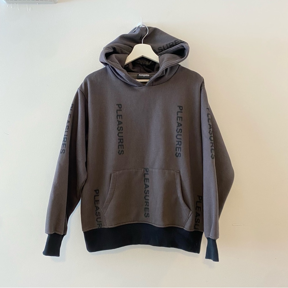 Pleasures Now Gray Black Spellout Pullover Hoodie Sweatshirt Size Small
